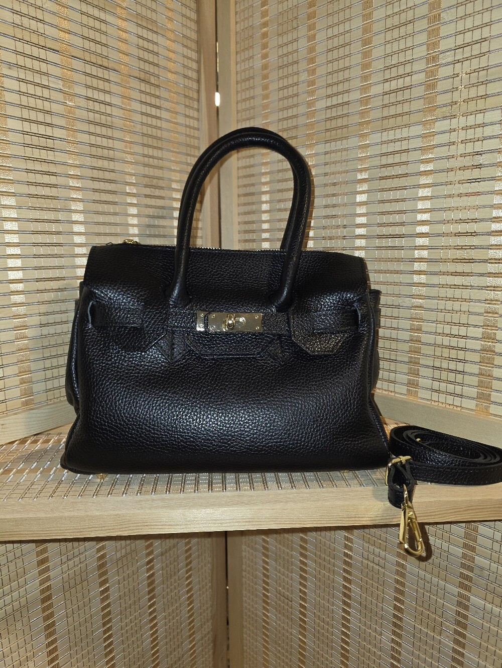 Black Leather Top-Handle Satchel with Gold Hardware